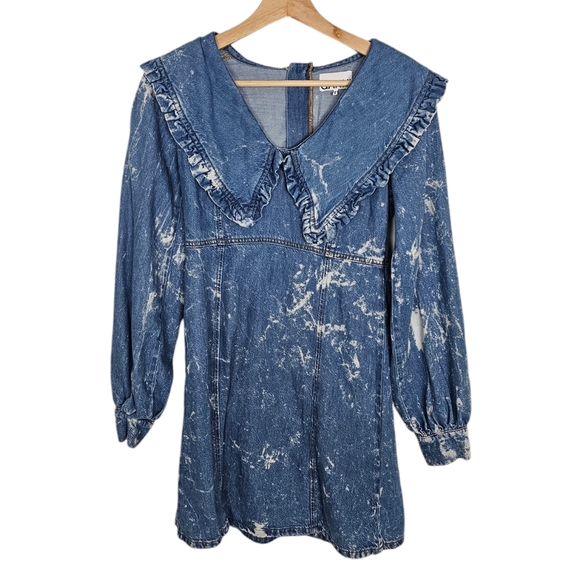 Ganni Net Sustain Ruffled Bleached Organic Denim Mini Dress Size 32 US 0 - Picture 2 of 8